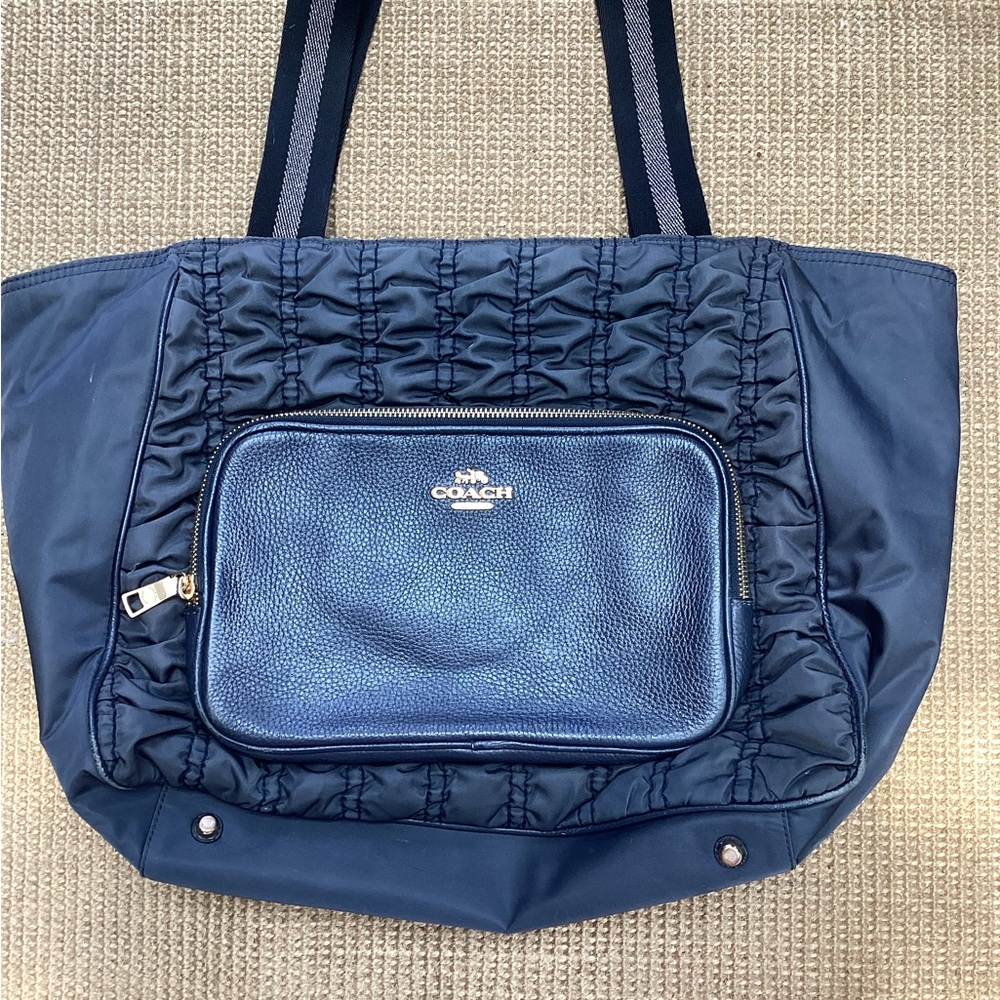 Coach Navy Quilted Nylon Leather Large Tote Bag